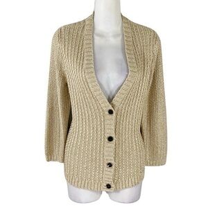 Jones New York Gold Metallic Knit Button 3/4 Sleeve Cardigan Sweater Small S